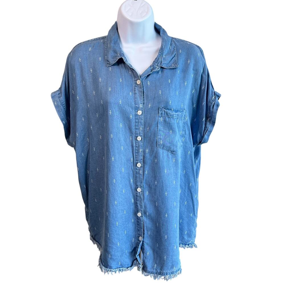 Thread & Supply Lyocell Chambray Button Up Top Sz L Frayed Hem Casual Boho